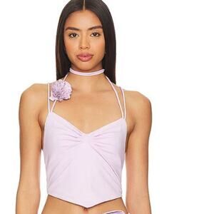 New Lamarque Tayana Lavender Top Handkerchief Leather Floral Choker  Sz M